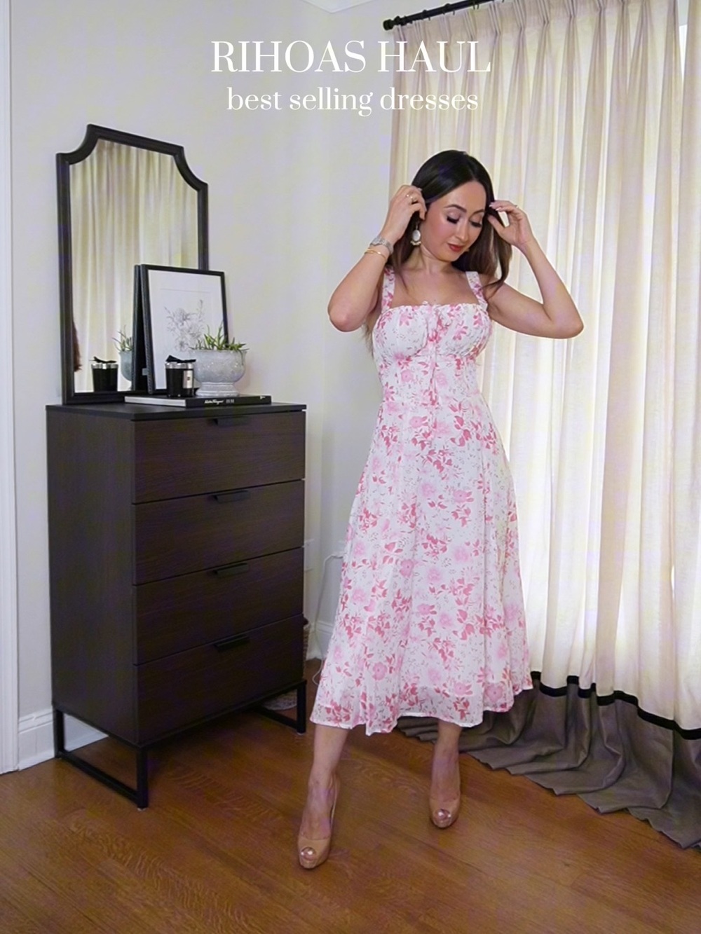 RIHOAS Pink Floral Square-Neck Midi Dress